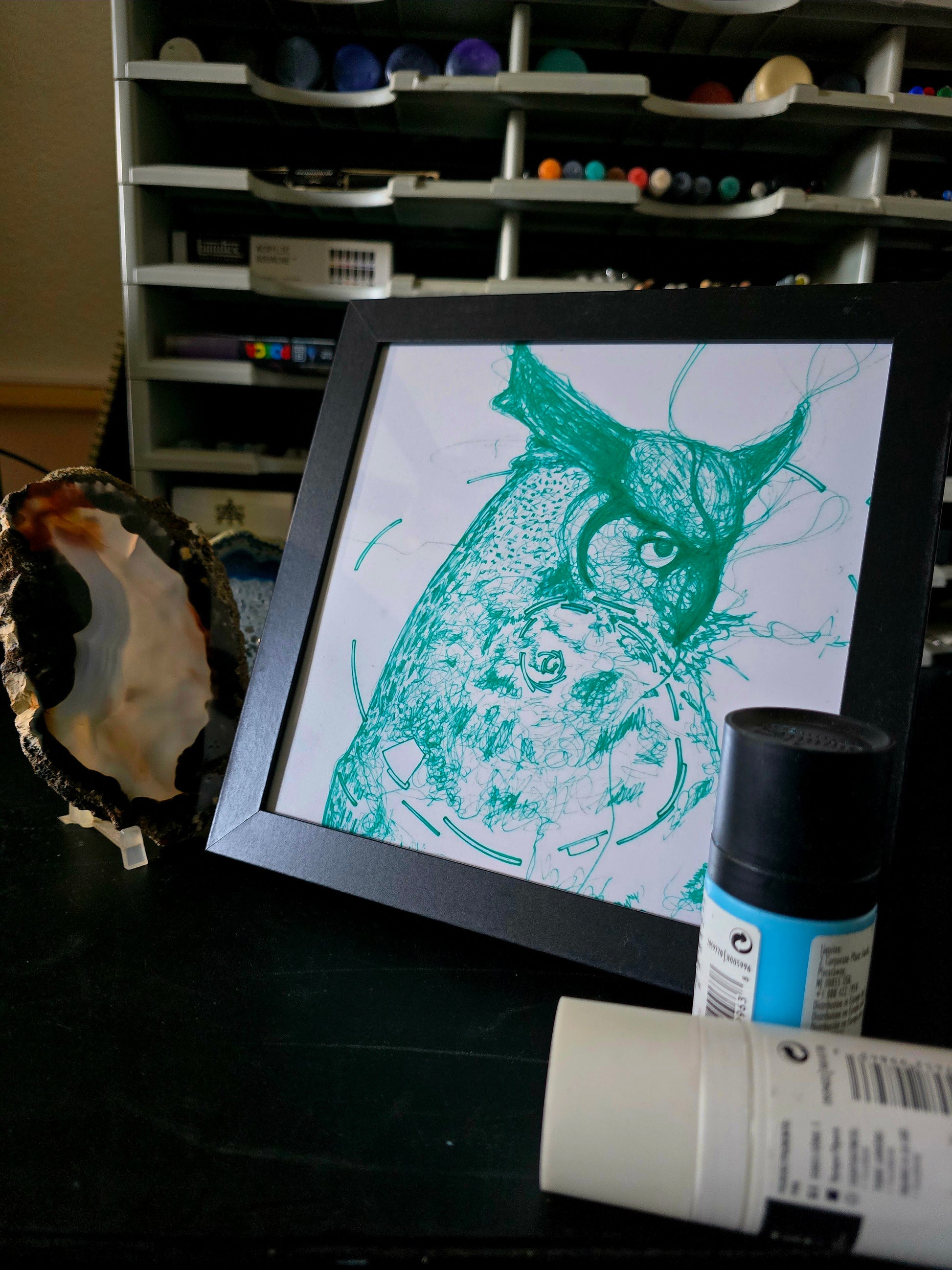 Great Horn Owl Sketch 8x8 Framed Print (Green)