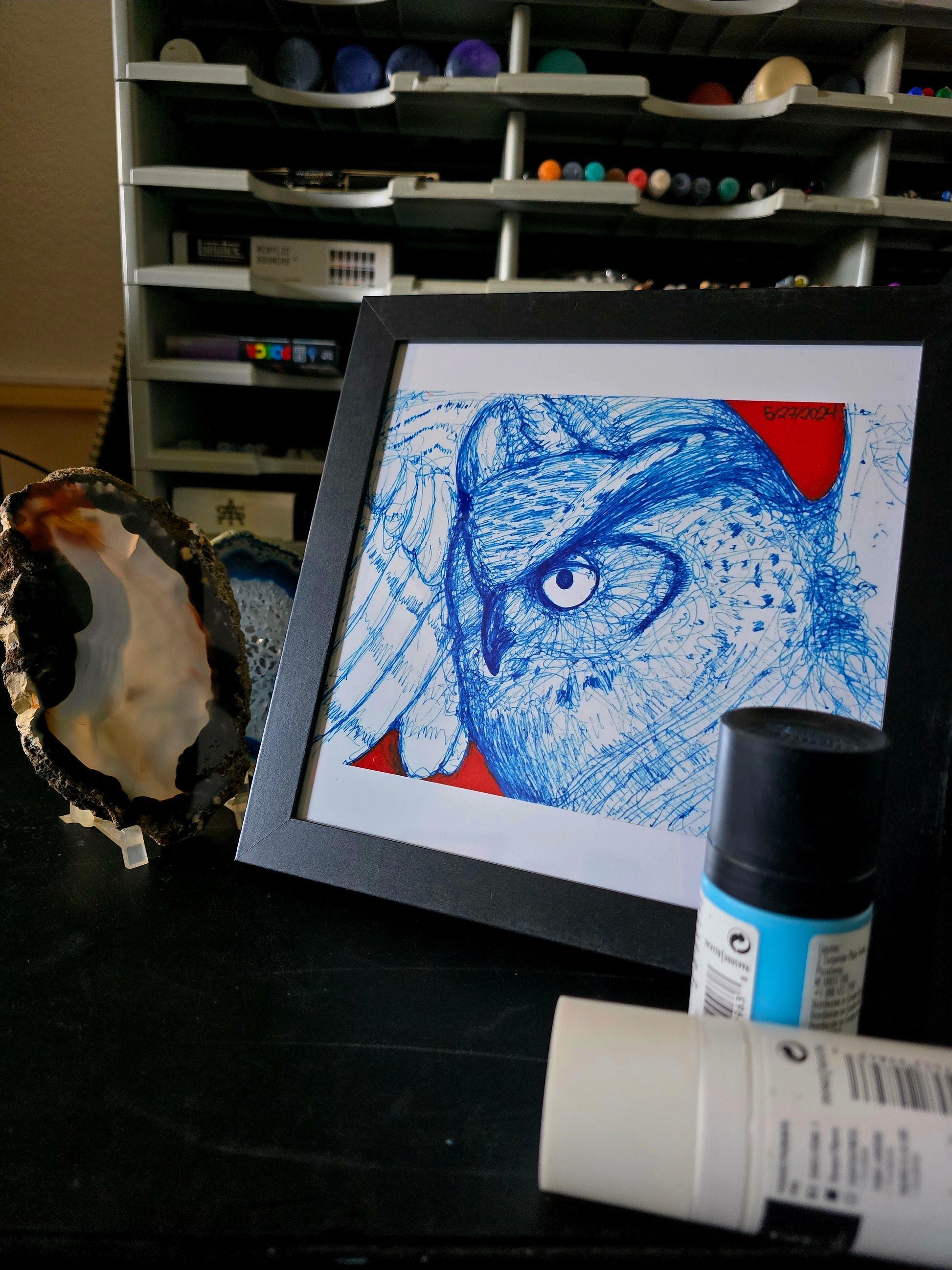 Great Horn Owl Sketch 8x8 Framed Print (Blue)